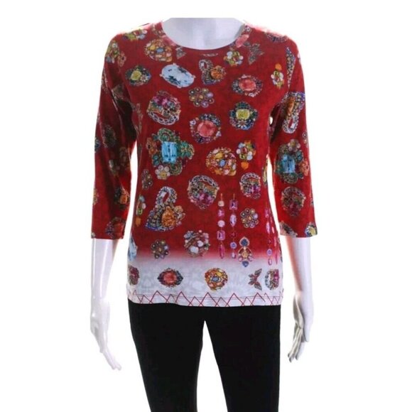 Sophy Curson Pashma Arte Graphic Jewel Print Tee Shirt Size Small 3/4 Sleeve NWT - Picture 1 of 6